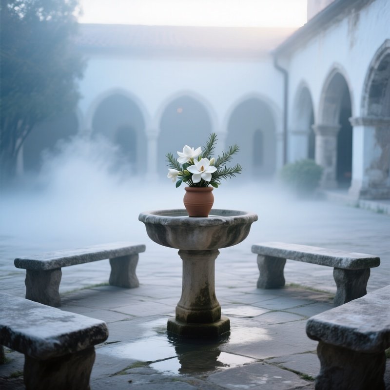 A Quiet Monastery Courtyard At Dawn Stone Benches Surrounding A Simple Stone Fountain Clay Pot With