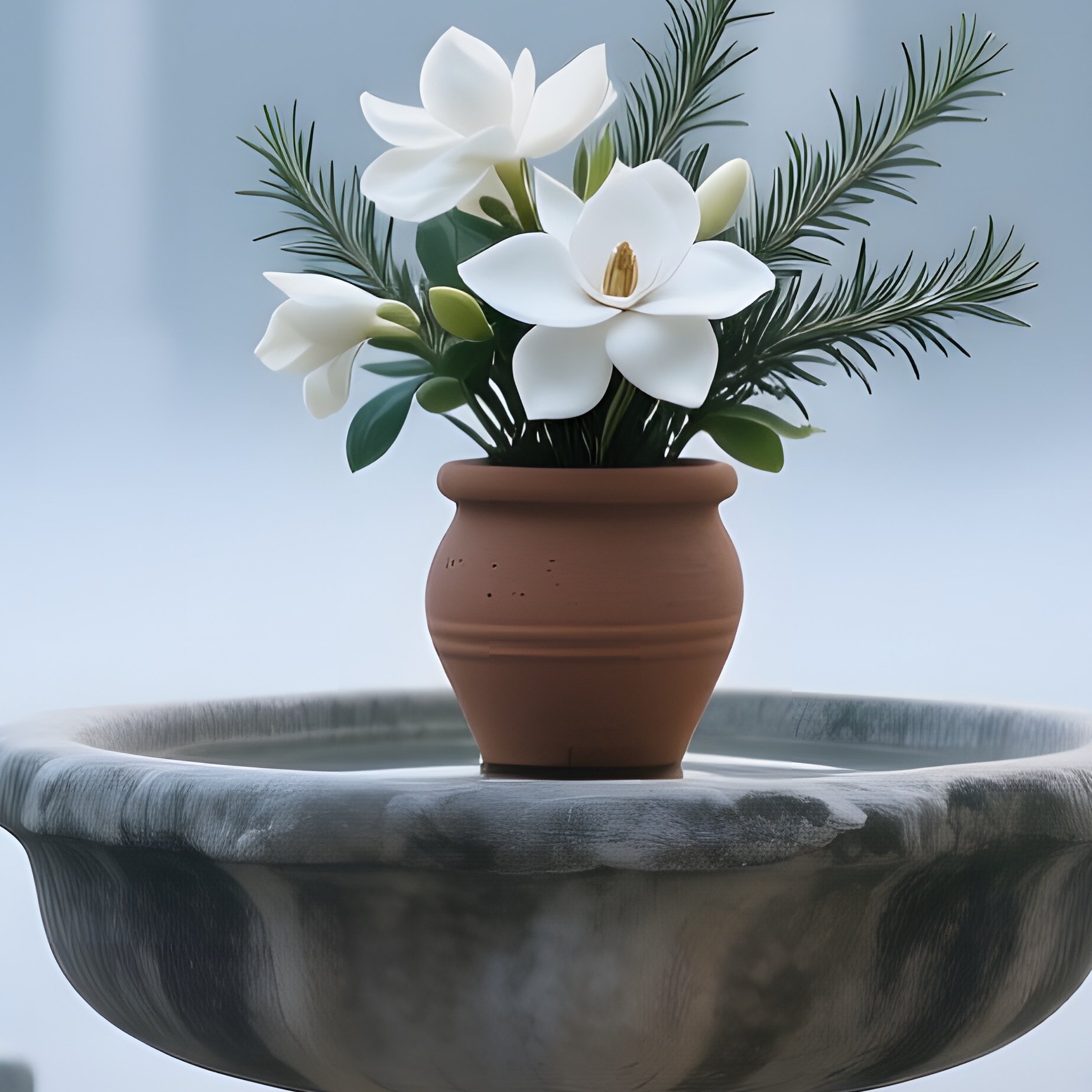 A Quiet Monastery Courtyard At Dawn Stone Benches Surrounding A Simple Stone Fountain Clay Pot With - Full Resolution Quality Preview