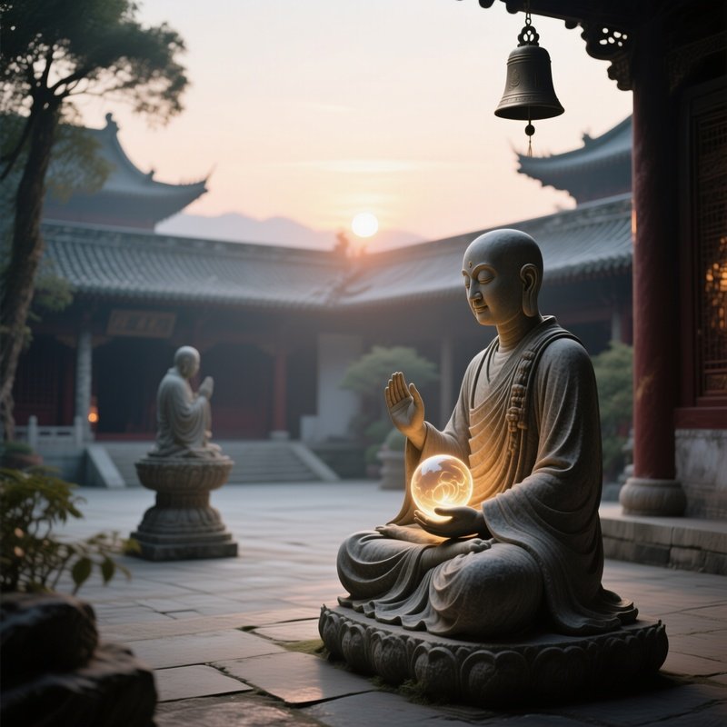 A Quiet Monastery Courtyard At Sunrise, Stone Statues Of Monks Meditating While Holding Glowing