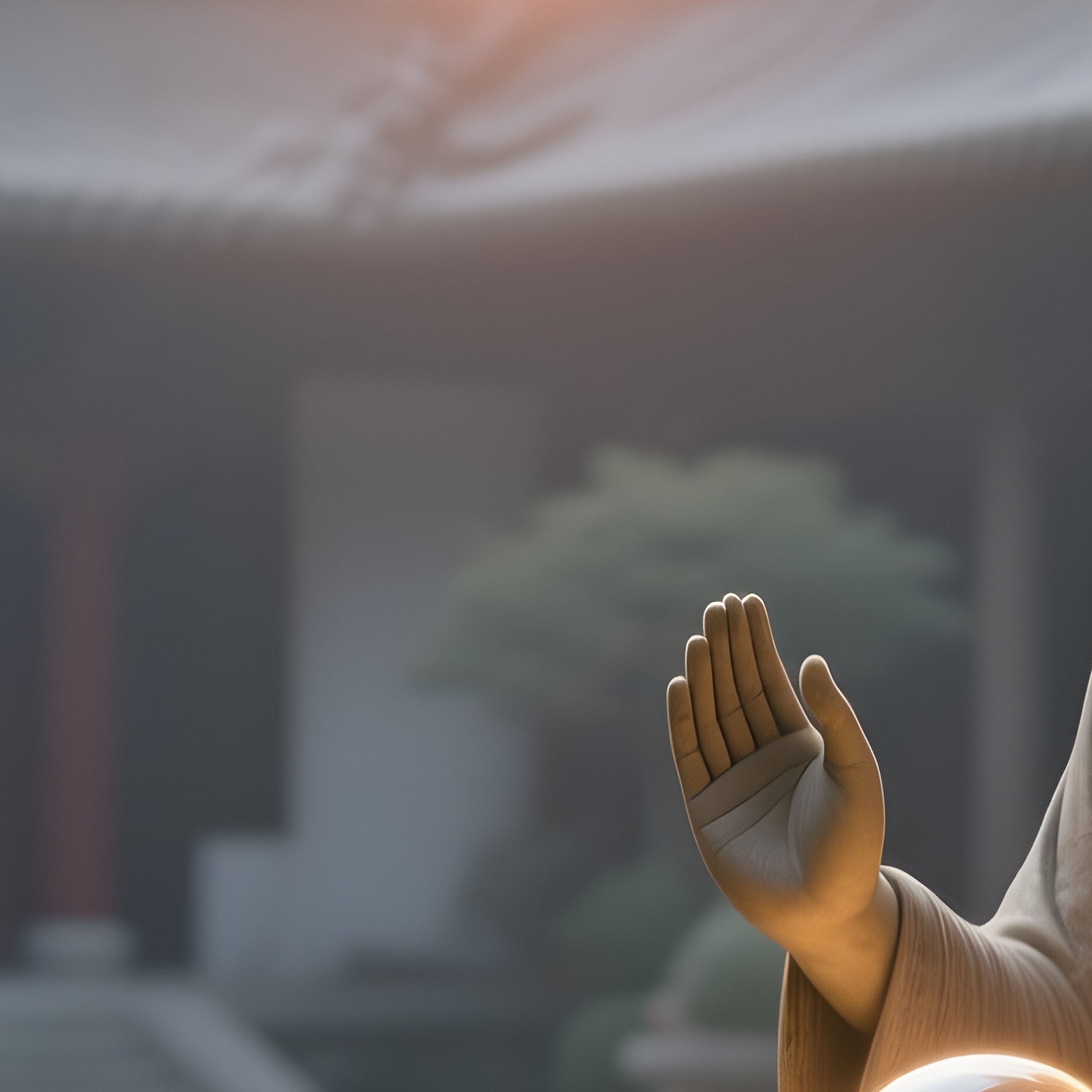 A Quiet Monastery Courtyard At Sunrise, Stone Statues Of Monks Meditating While Holding Glowing - Full Resolution Quality Preview