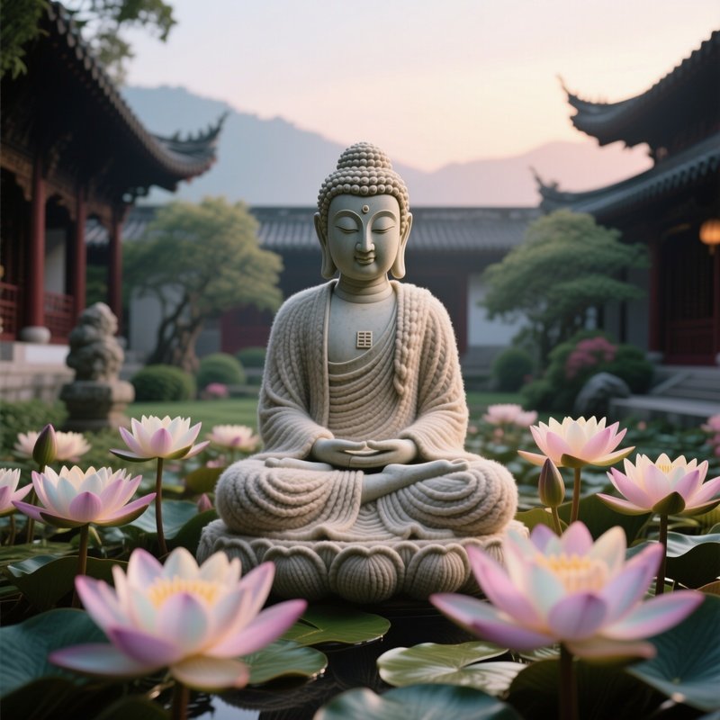 A Quiet Monastery Garden At Dawn, Where A Serene Wool Buddha Statue Sits Amidst Blooming Lotus
