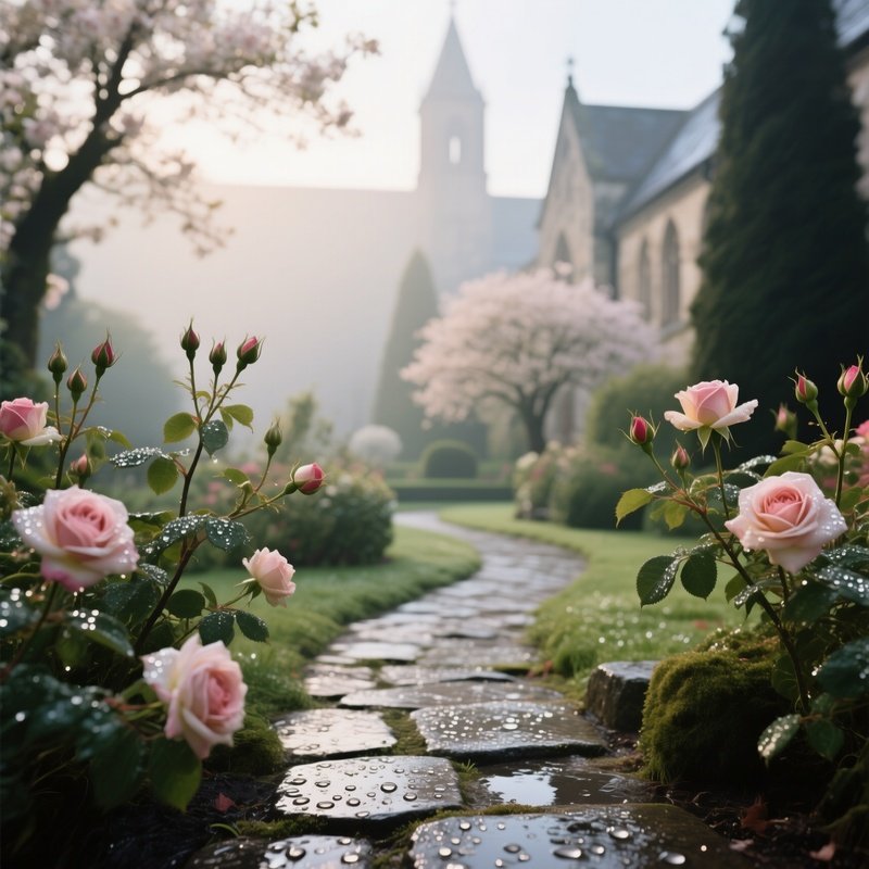 A Quiet Monastery Garden In Early Spring, Budding Roses, Stone Pathways Wet With Dew, Soft Morning