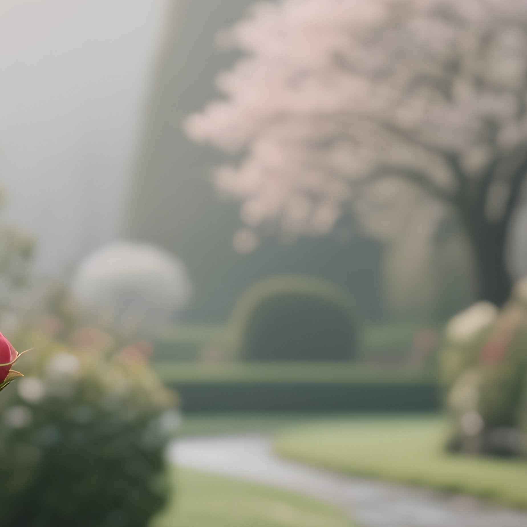 A Quiet Monastery Garden In Early Spring, Budding Roses, Stone Pathways Wet With Dew, Soft Morning - Full Resolution Quality Preview