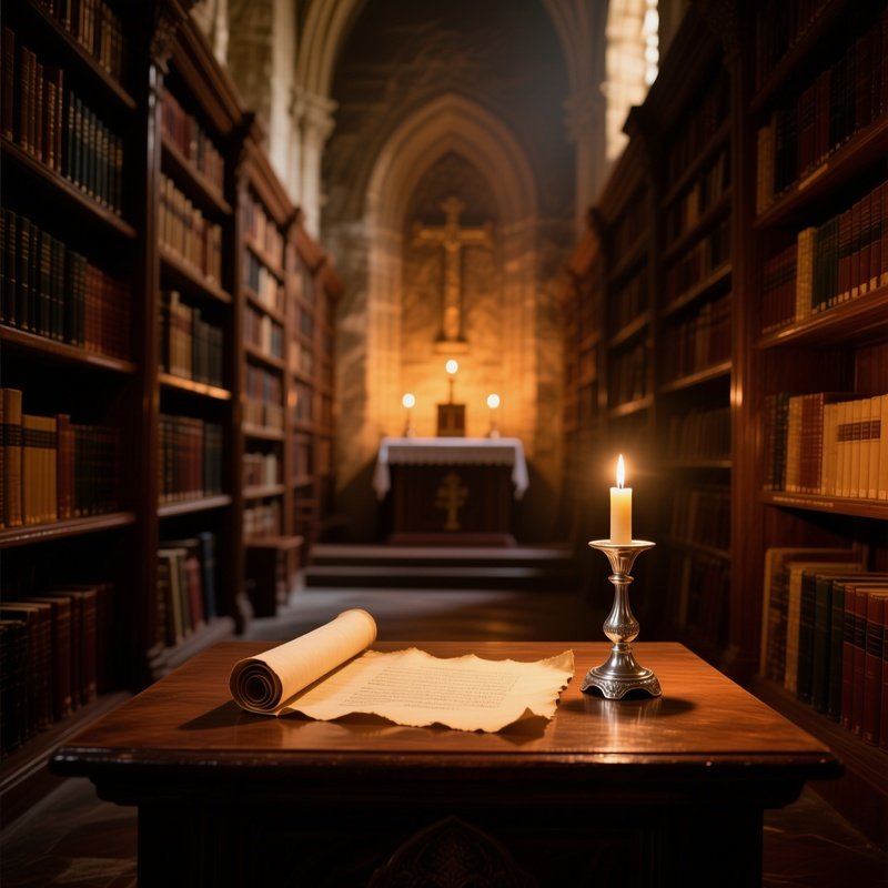 A Quiet Monastery Library Altar Tucked Between Shelves Soft Lamplight Highlighting A Vellum Scroll