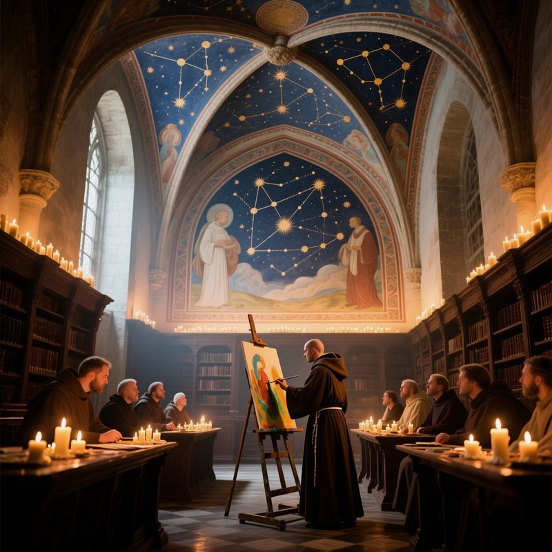 A Quiet Monastery Library Illuminated By Candlelight, Scholars Watching As A Monk Paints A Detailed