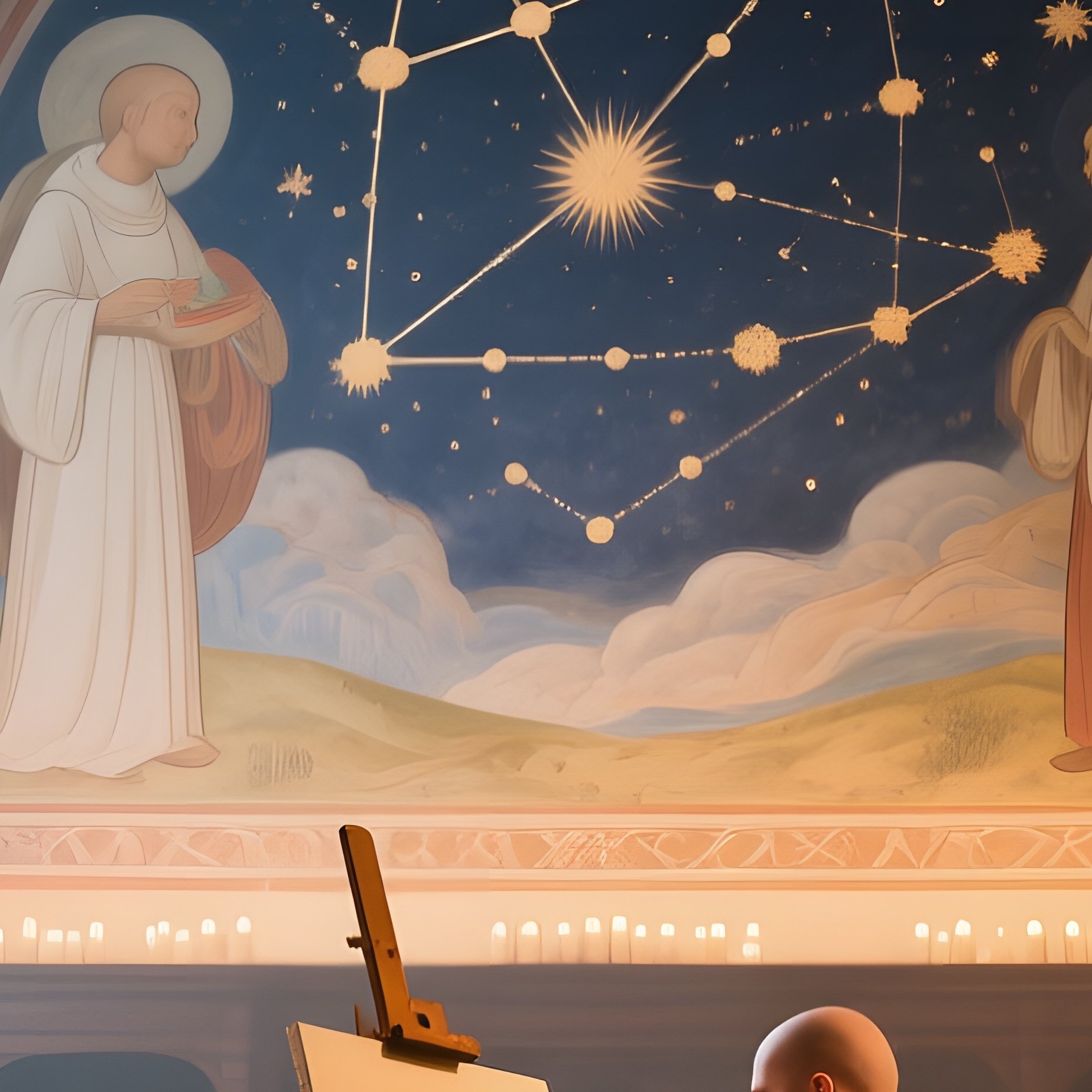 A Quiet Monastery Library Illuminated By Candlelight, Scholars Watching As A Monk Paints A Detailed - Full Resolution Quality Preview