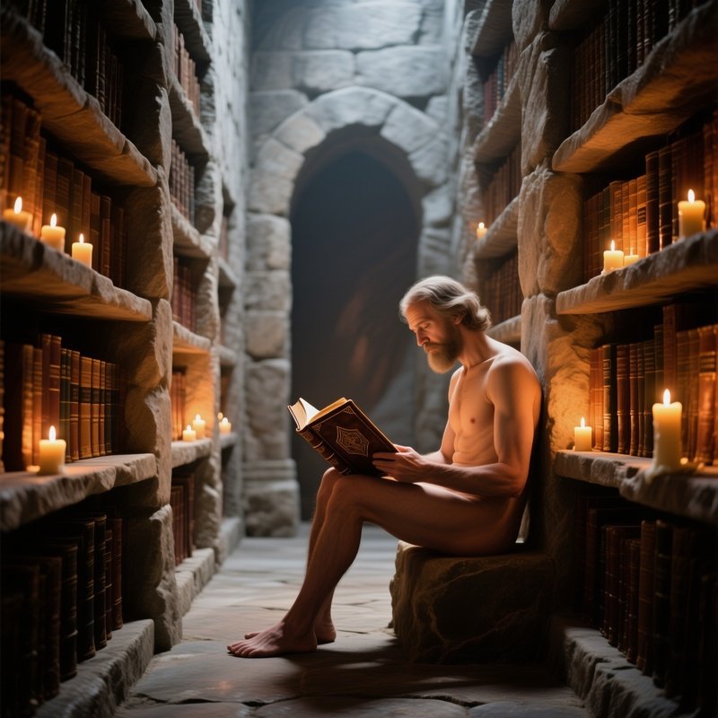 A Quiet Monastery Library With Towering Shelves A Nude Scholar Reading An Ancient Tome By