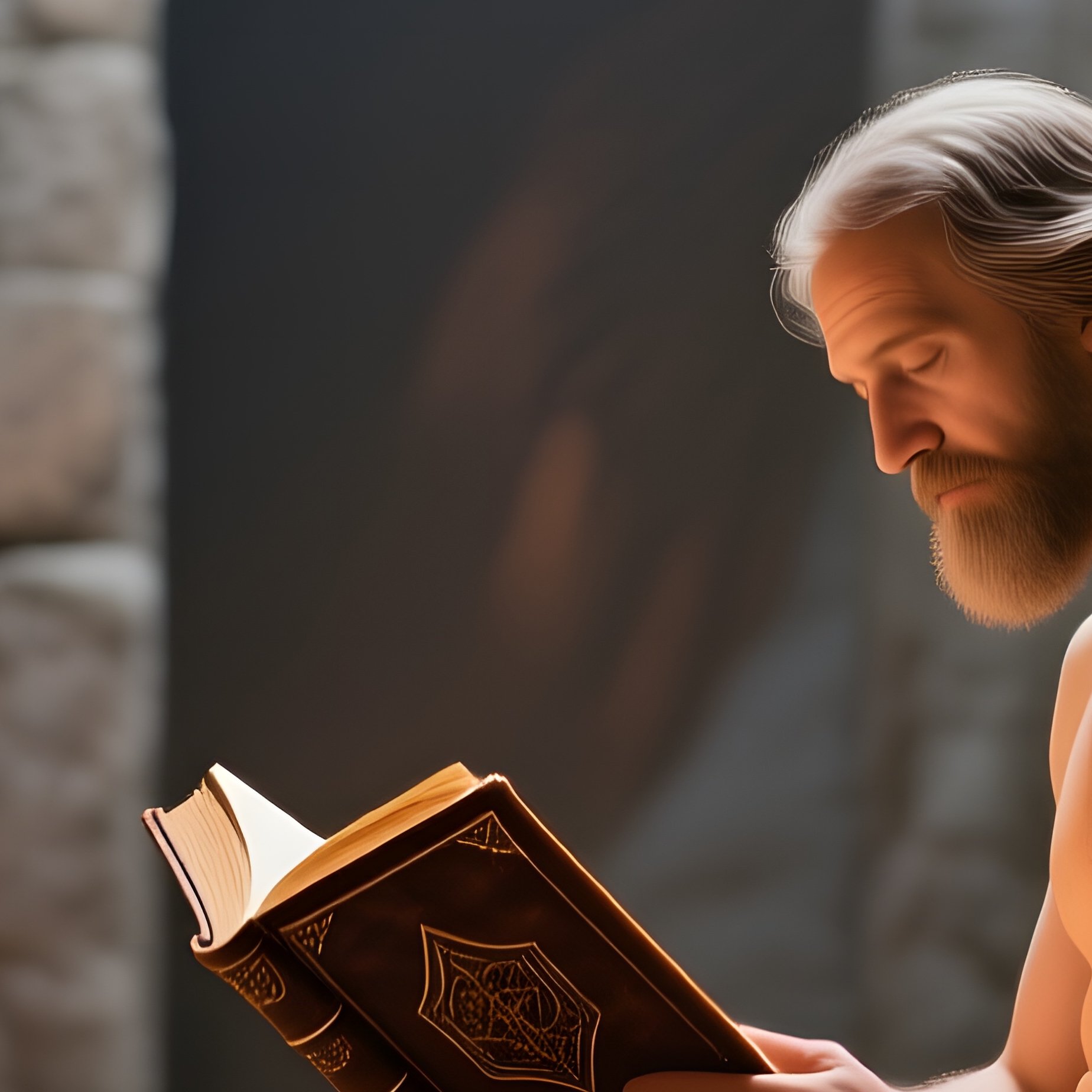 A Quiet Monastery Library With Towering Shelves A Nude Scholar Reading An Ancient Tome By - Full Resolution Quality Preview