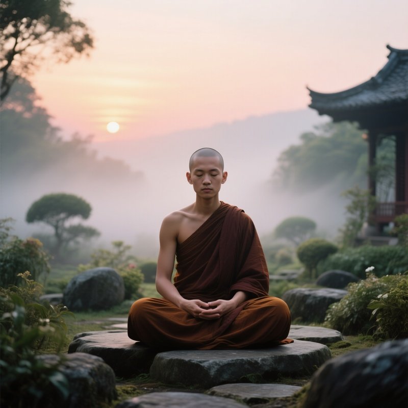 A Quiet Monk With A Shaved Head Sits Cross‑Legged In A Stone Garden At Dawn, Soft Mist And Sunrise