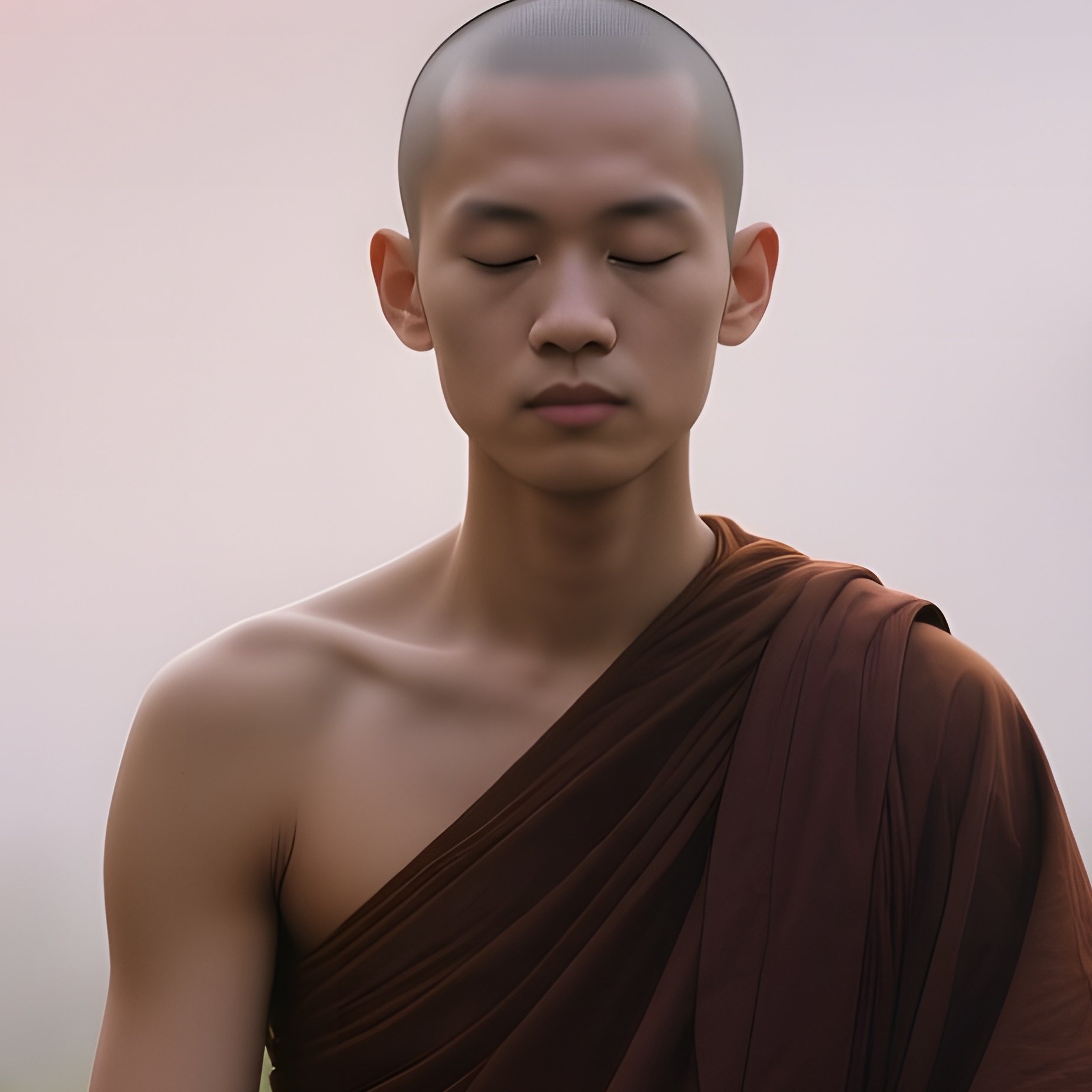 A Quiet Monk With A Shaved Head Sits Cross‑Legged In A Stone Garden At Dawn, Soft Mist And Sunrise - Full Resolution Quality Preview