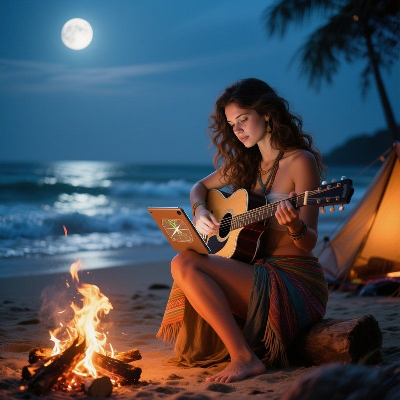 A Quiet Moonlit Beach Campfire, A Free‑Spirited Woman With Long Wavy Hair Plays An Acoustic Guitar
