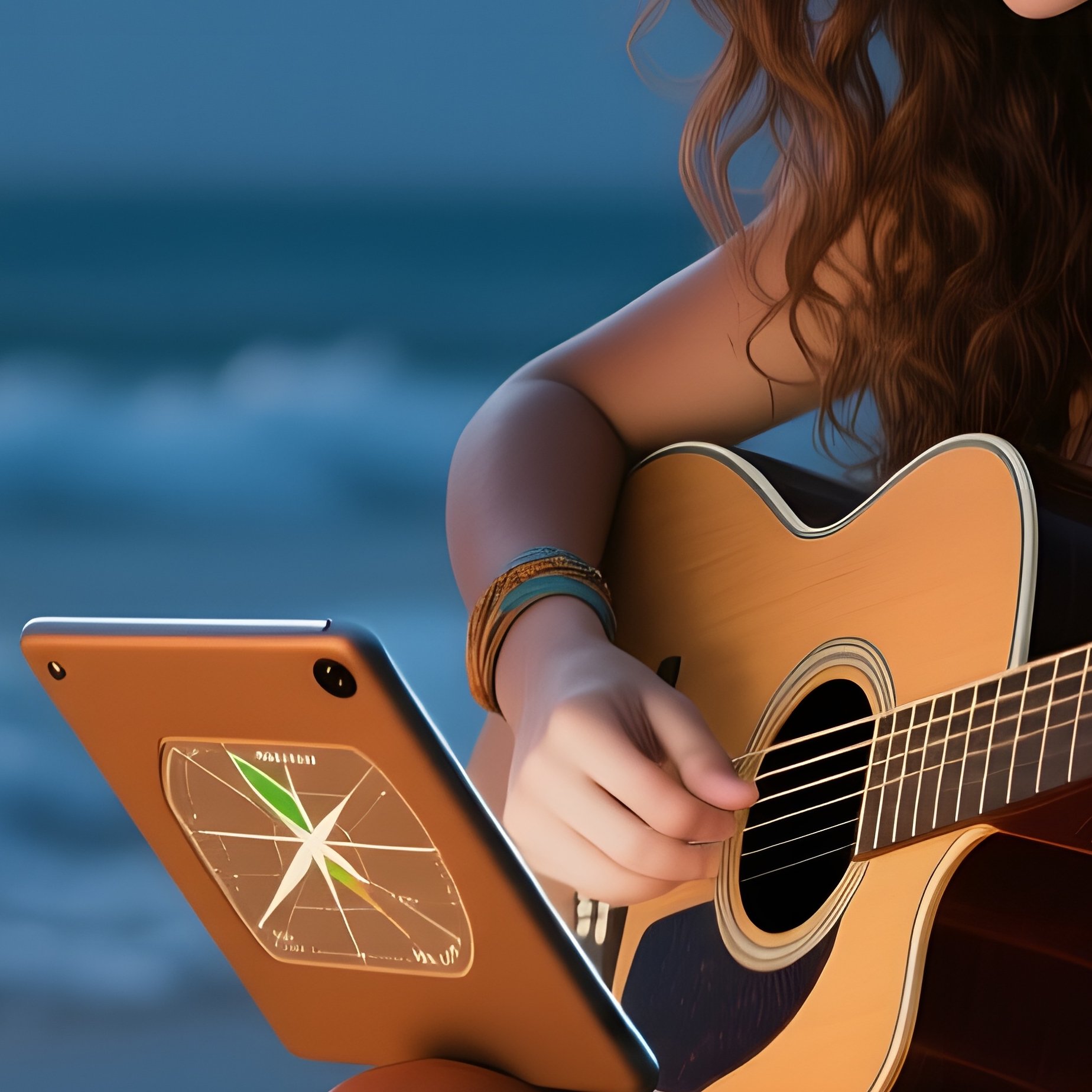 A Quiet Moonlit Beach Campfire, A Free‑Spirited Woman With Long Wavy Hair Plays An Acoustic Guitar - Full Resolution Quality Preview