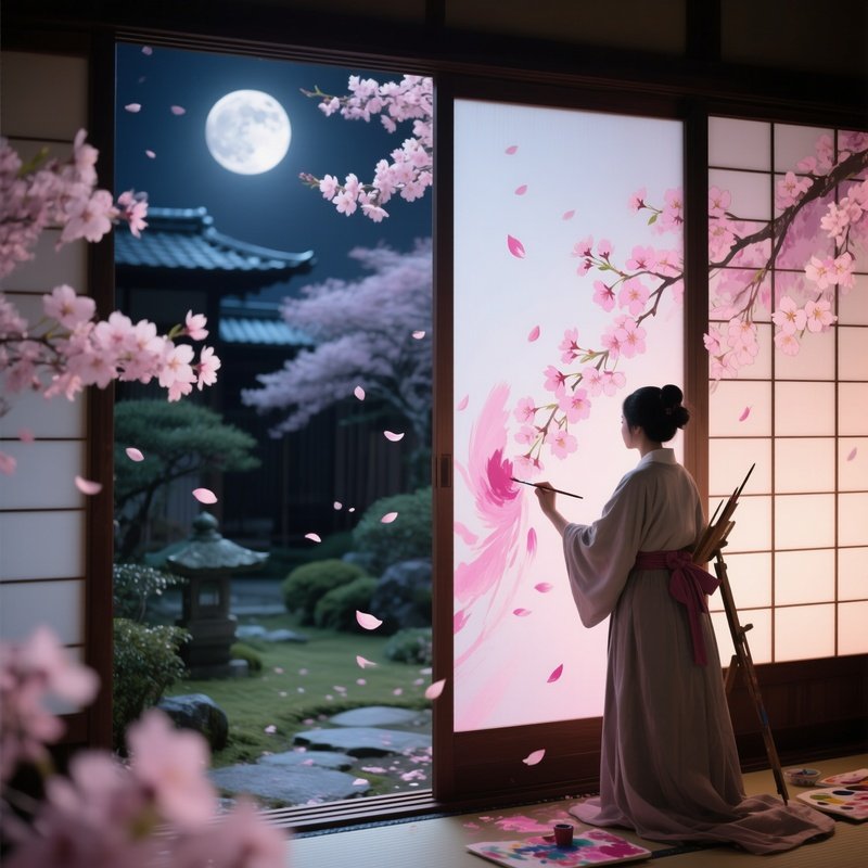 A Quiet Moonlit Garden In Kyoto, Cherry Blossoms Drifting As An Artist Applies Delicate Pink