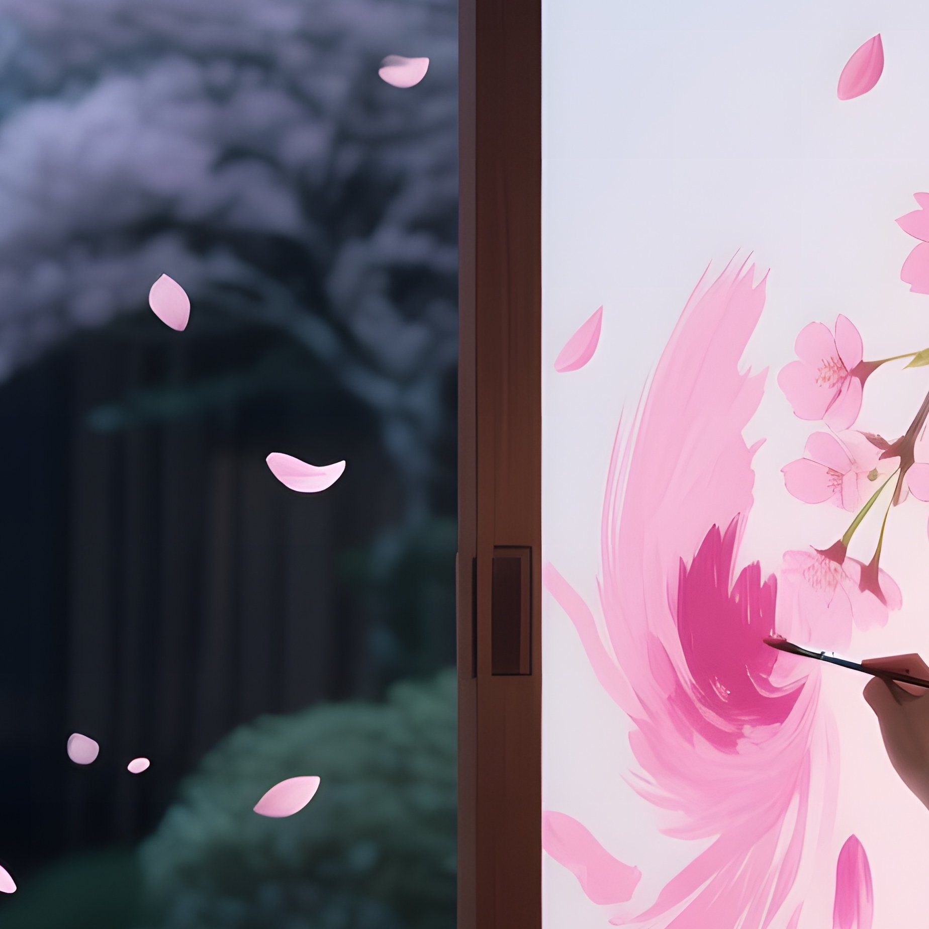 A Quiet Moonlit Garden In Kyoto, Cherry Blossoms Drifting As An Artist Applies Delicate Pink - Full Resolution Quality Preview