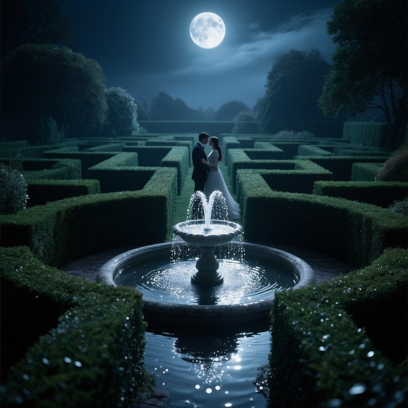 A Quiet Moonlit Garden Maze Of Hedges, Lovers Find Each Other At The Center Fountain, Silver Light