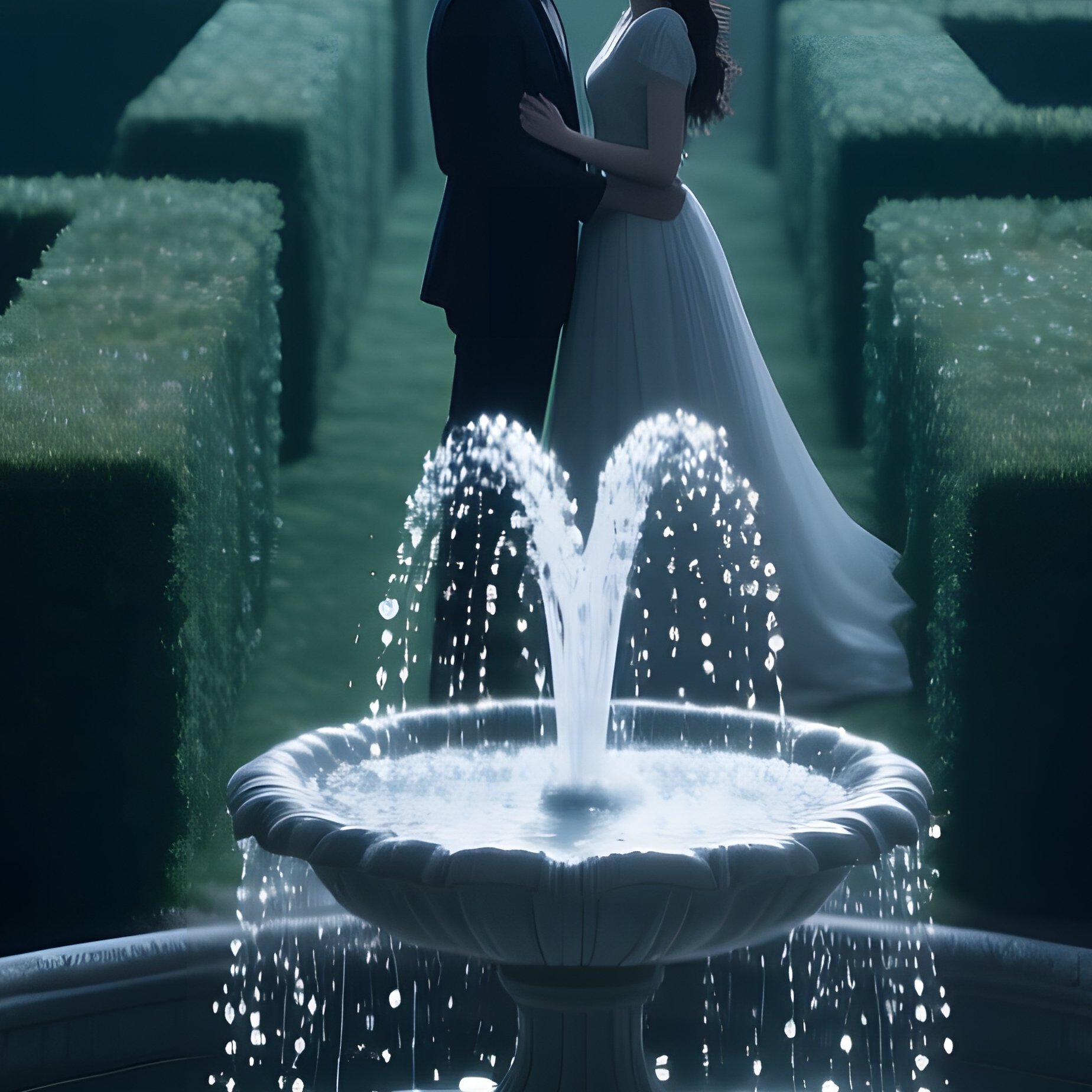 A Quiet Moonlit Garden Maze Of Hedges, Lovers Find Each Other At The Center Fountain, Silver Light - Full Resolution Quality Preview