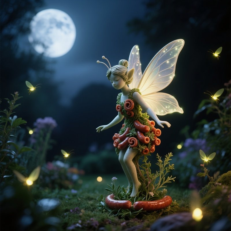 A Quiet Moonlit Garden With Fireflies, Showcasing A Delicate Fairy Statue Made Of Tiny Sausage