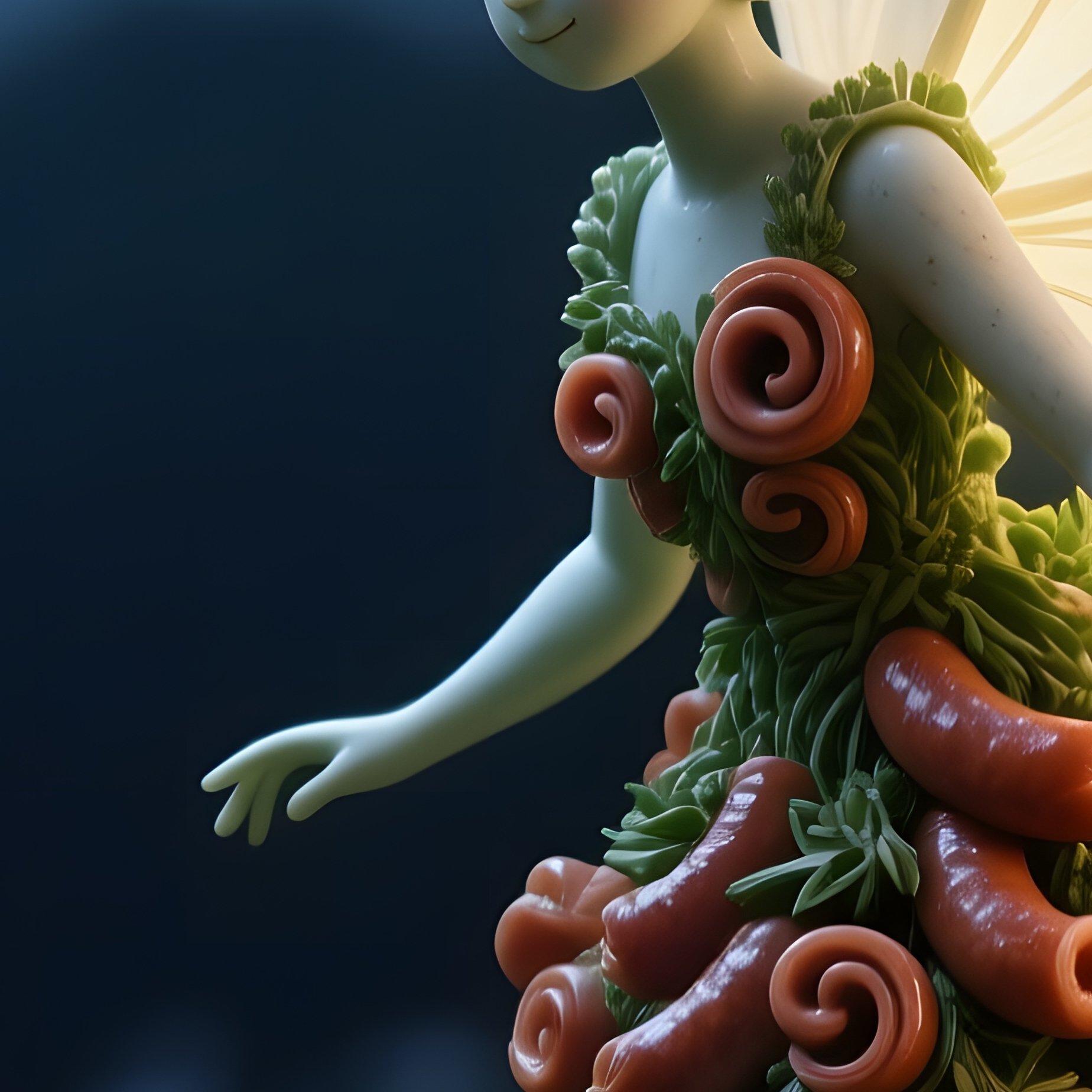A Quiet Moonlit Garden With Fireflies, Showcasing A Delicate Fairy Statue Made Of Tiny Sausage - Full Resolution Quality Preview