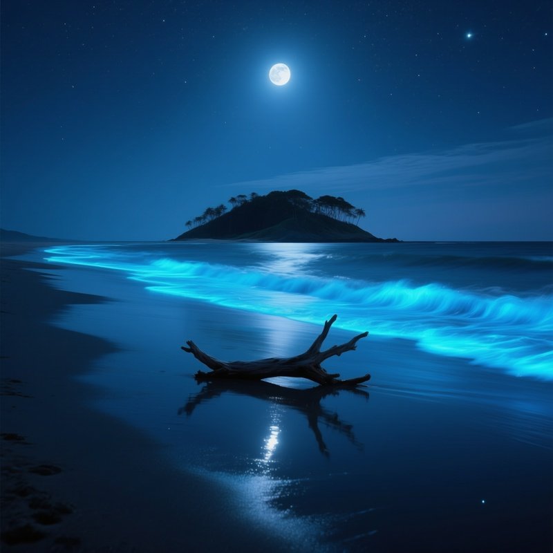 A Quiet Moonlit Night On A Remote Island Beach, Bioluminescent Waves Glowing Blue, A Solitary