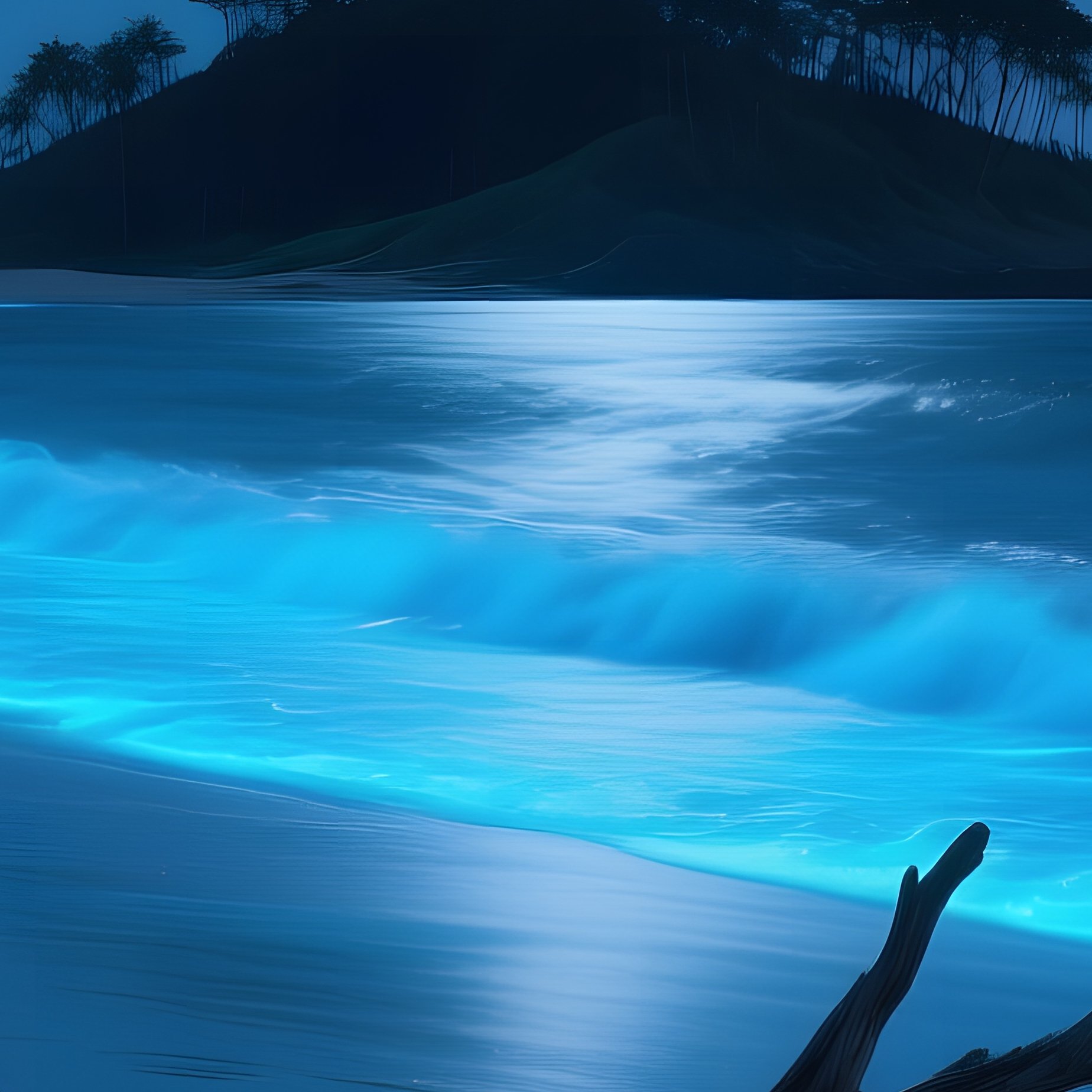 A Quiet Moonlit Night On A Remote Island Beach, Bioluminescent Waves Glowing Blue, A Solitary - Full Resolution Quality Preview