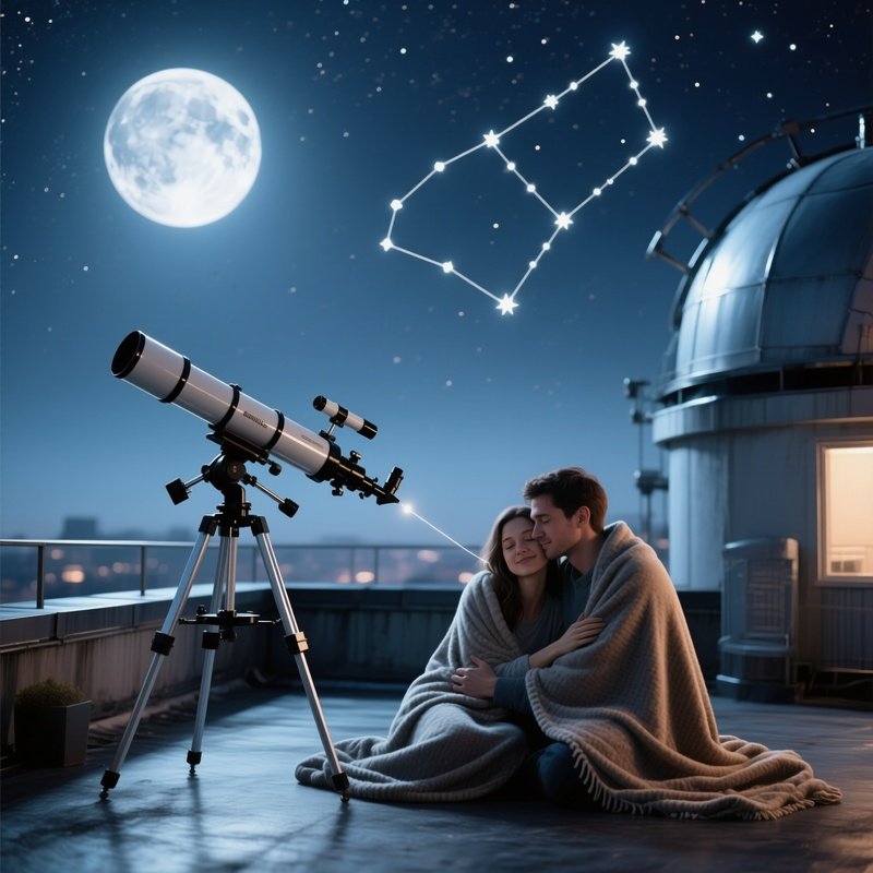 A Quiet Moonlit Rooftop Observatory, Telescope Pointed At Stars, A Couple Cuddles Under A Blanket