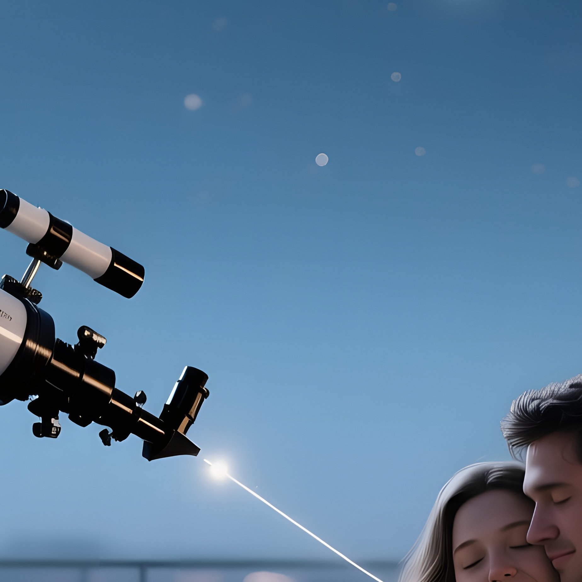 A Quiet Moonlit Rooftop Observatory, Telescope Pointed At Stars, A Couple Cuddles Under A Blanket - Full Resolution Quality Preview