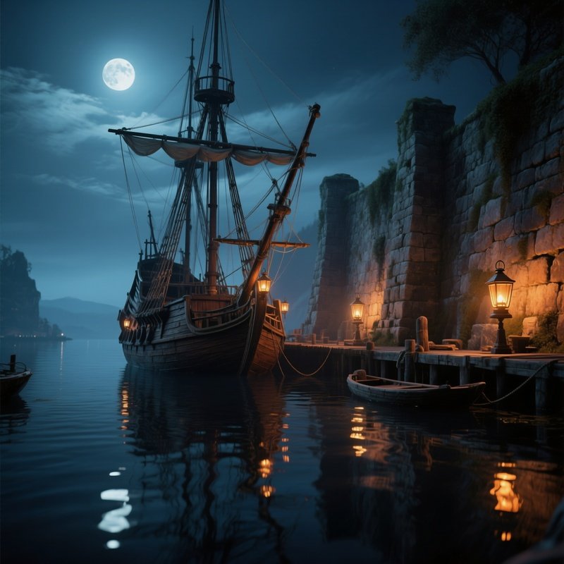 A Quiet Moonlit Scene Of A Historic Wooden Galley Docked Beside Ancient Stone Walls, Lanterns