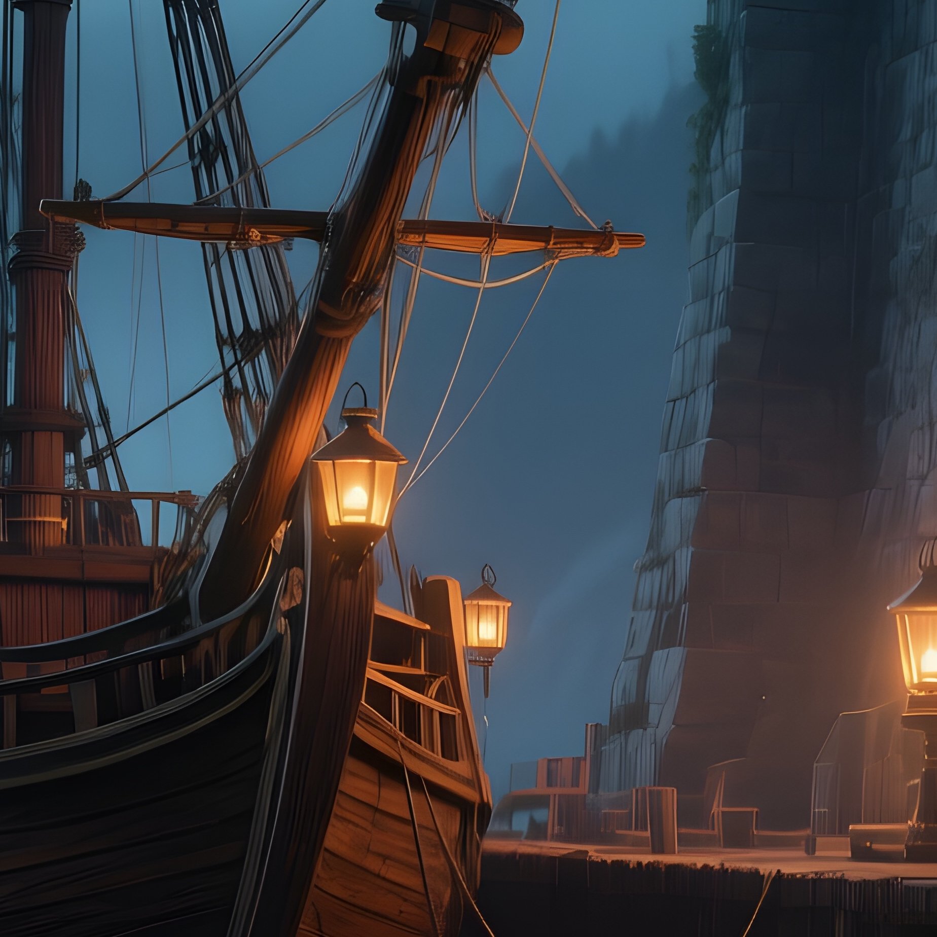 A Quiet Moonlit Scene Of A Historic Wooden Galley Docked Beside Ancient Stone Walls, Lanterns - Full Resolution Quality Preview