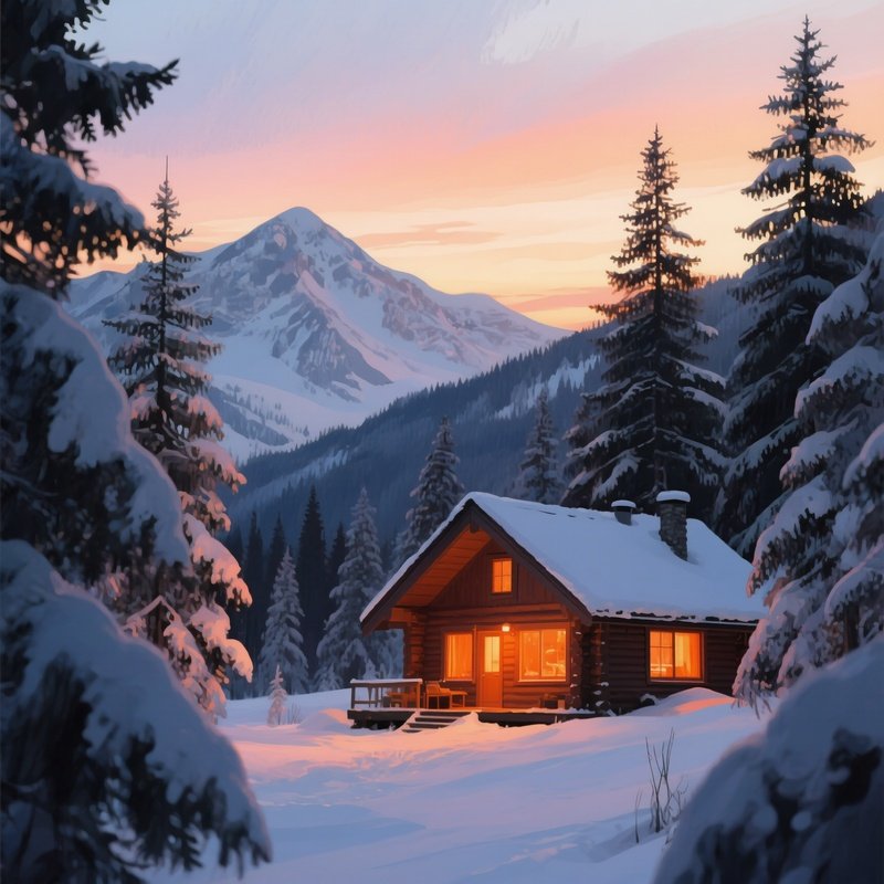 A Quiet Mountain Cabin At Dusk, Warm Orange Light Spilling From Windows Onto Snow Covered Pine