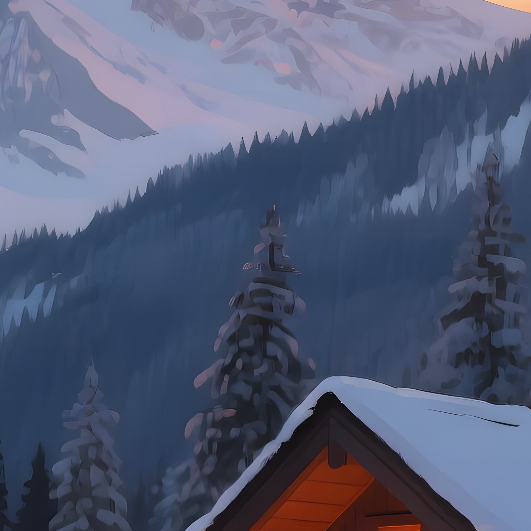 A Quiet Mountain Cabin At Dusk, Warm Orange Light Spilling From Windows Onto Snow Covered Pine - Full Resolution Quality Preview