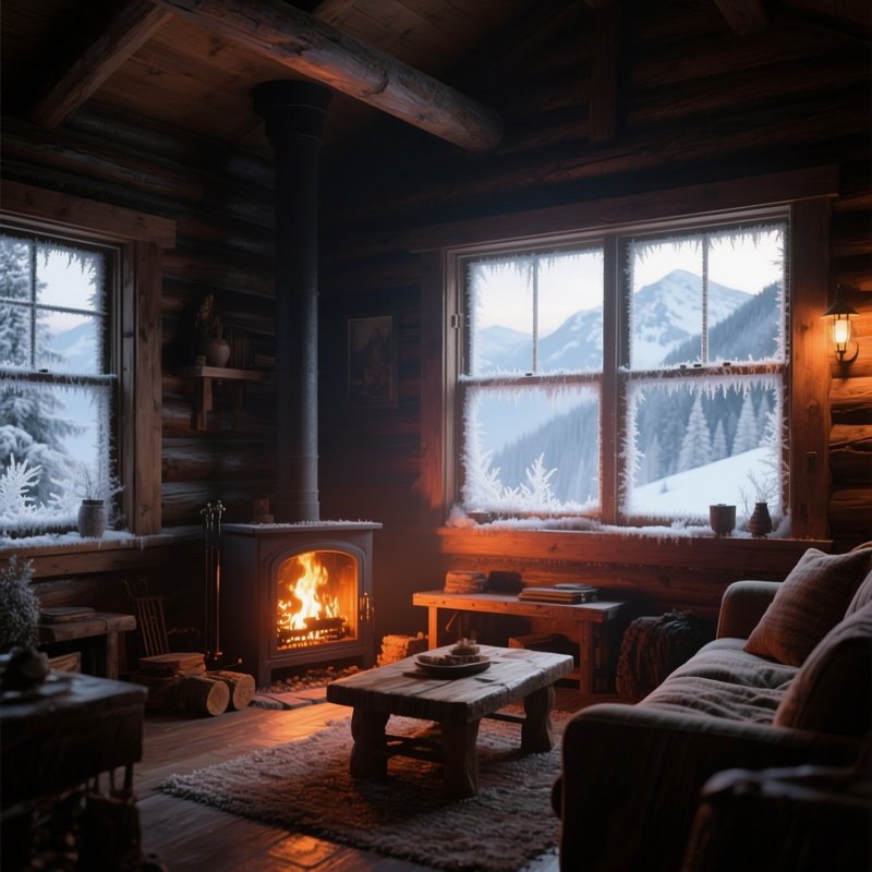 A Quiet Mountain Cabin Interior Bathed In Winter Afternoon Light, Frost On Windows, Roaring