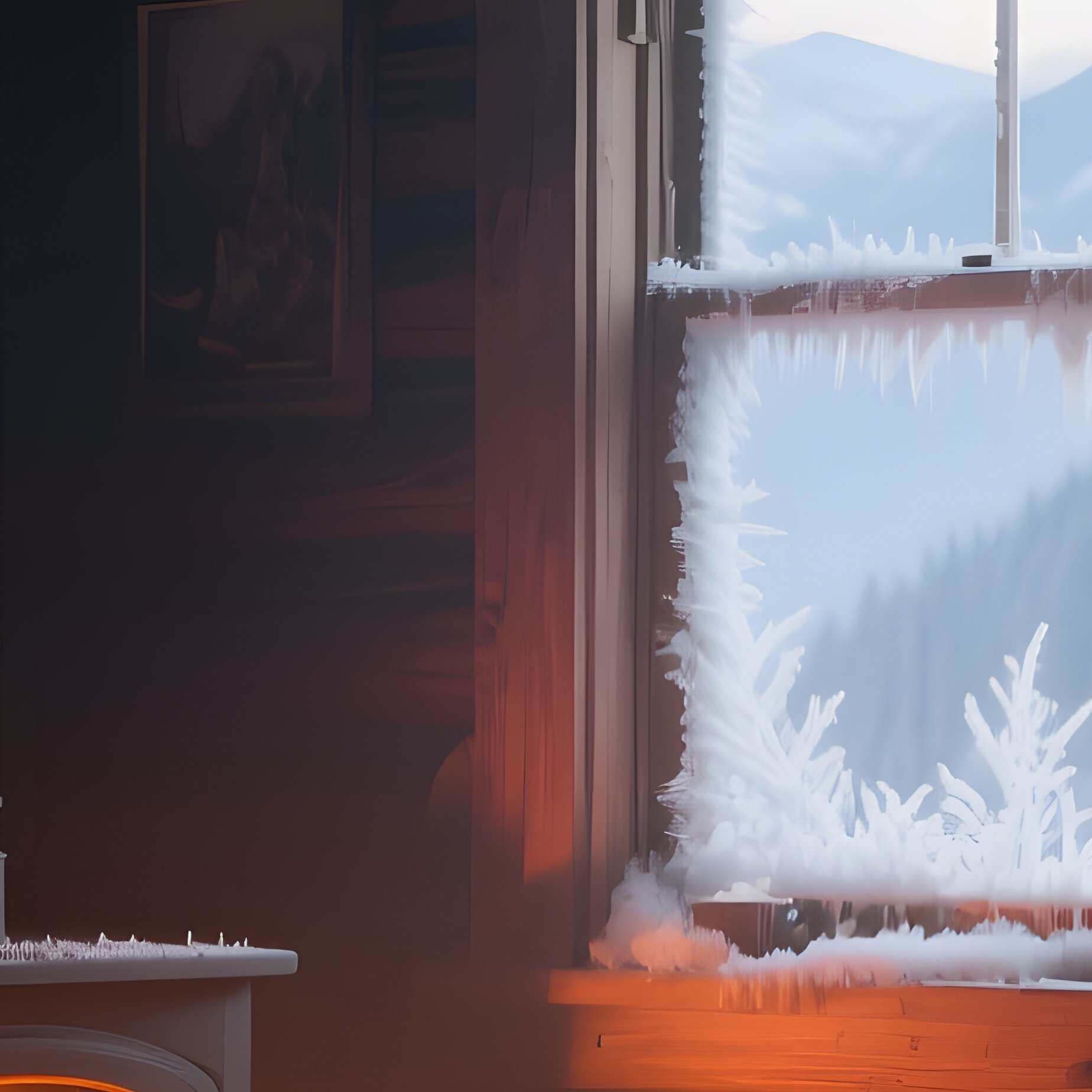 A Quiet Mountain Cabin Interior Bathed In Winter Afternoon Light, Frost On Windows, Roaring - Full Resolution Quality Preview
