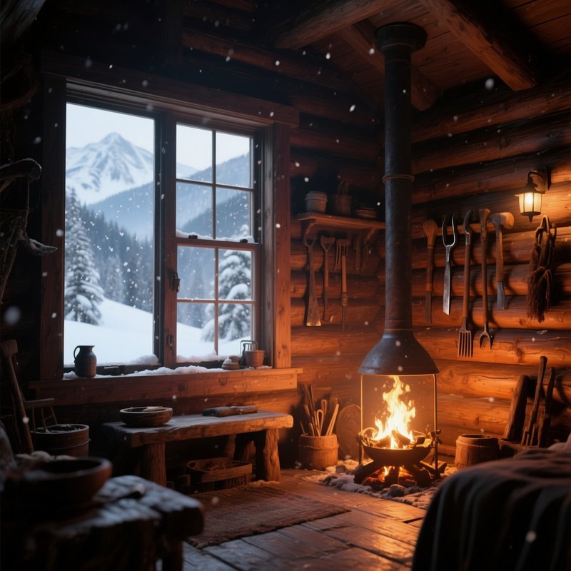 A Quiet Mountain Cabin Interior Lit By Firelight, Wooden Walls Adorned With Rustic Tools, Snow