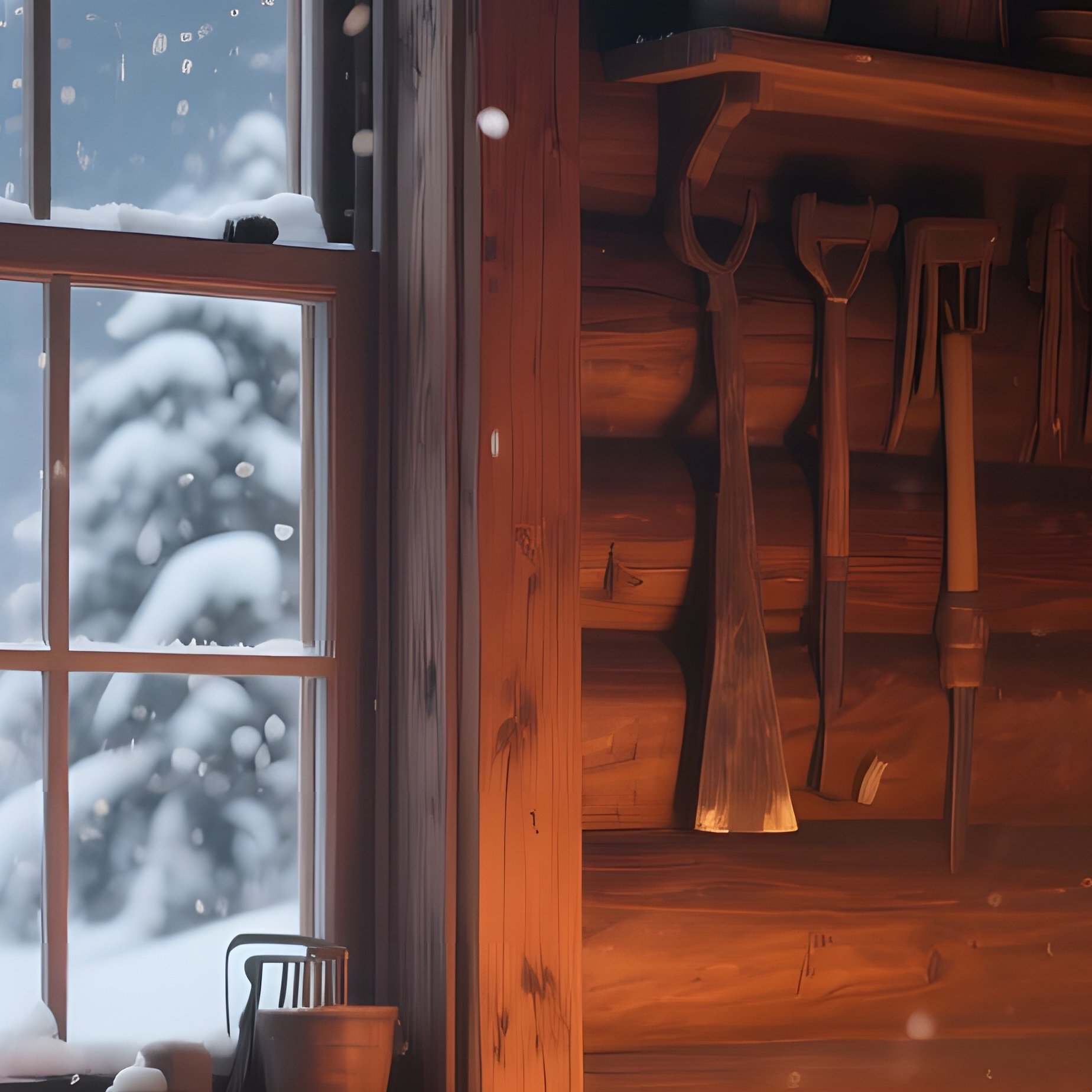 A Quiet Mountain Cabin Interior Lit By Firelight, Wooden Walls Adorned With Rustic Tools, Snow - Full Resolution Quality Preview