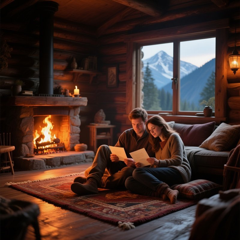 A Quiet Mountain Cabin Interior With A Roaring Fireplace, A Couple Curled Up On A Rug Reading Love