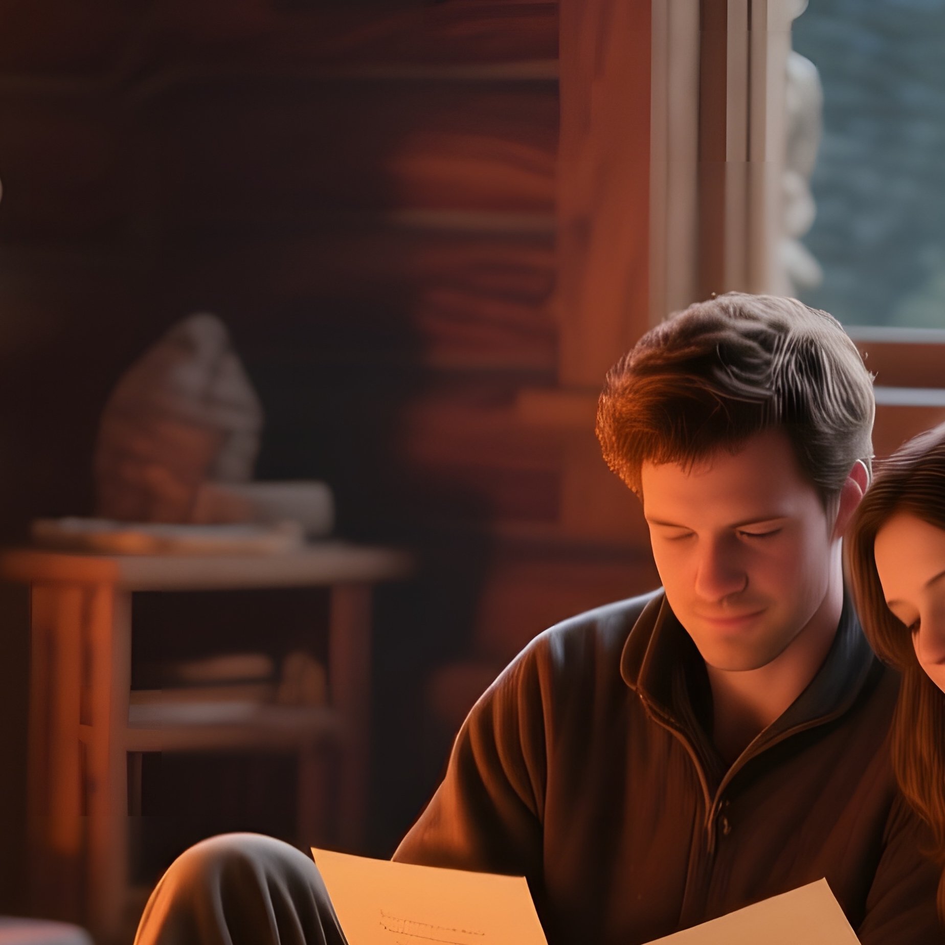 A Quiet Mountain Cabin Interior With A Roaring Fireplace, A Couple Curled Up On A Rug Reading Love - Full Resolution Quality Preview