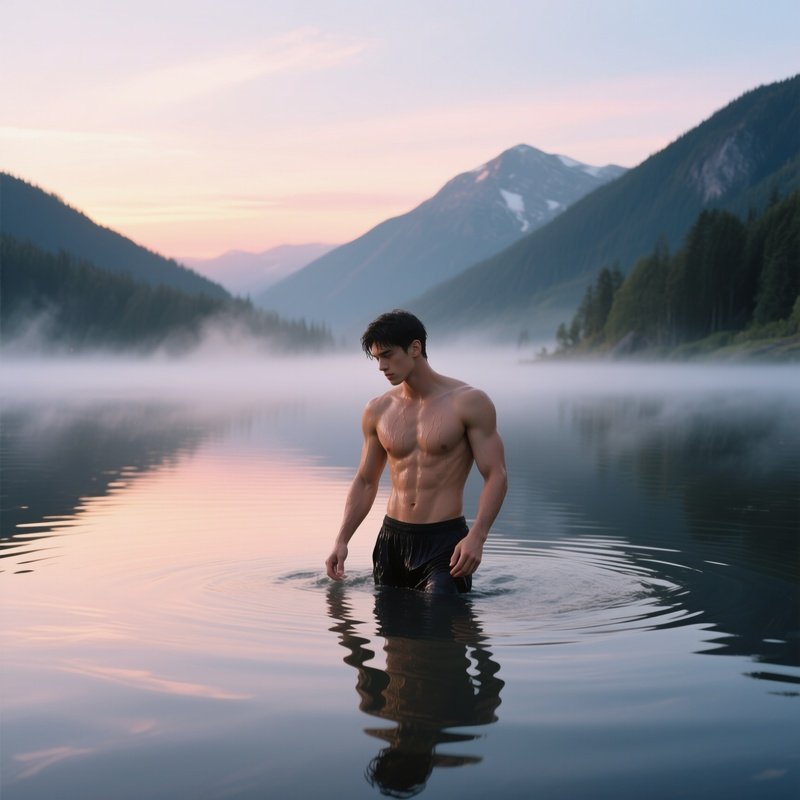 A Quiet Mountain Lake At Sunrise, A Male Model Wading Into The Calm Water, Mist Rising Off The