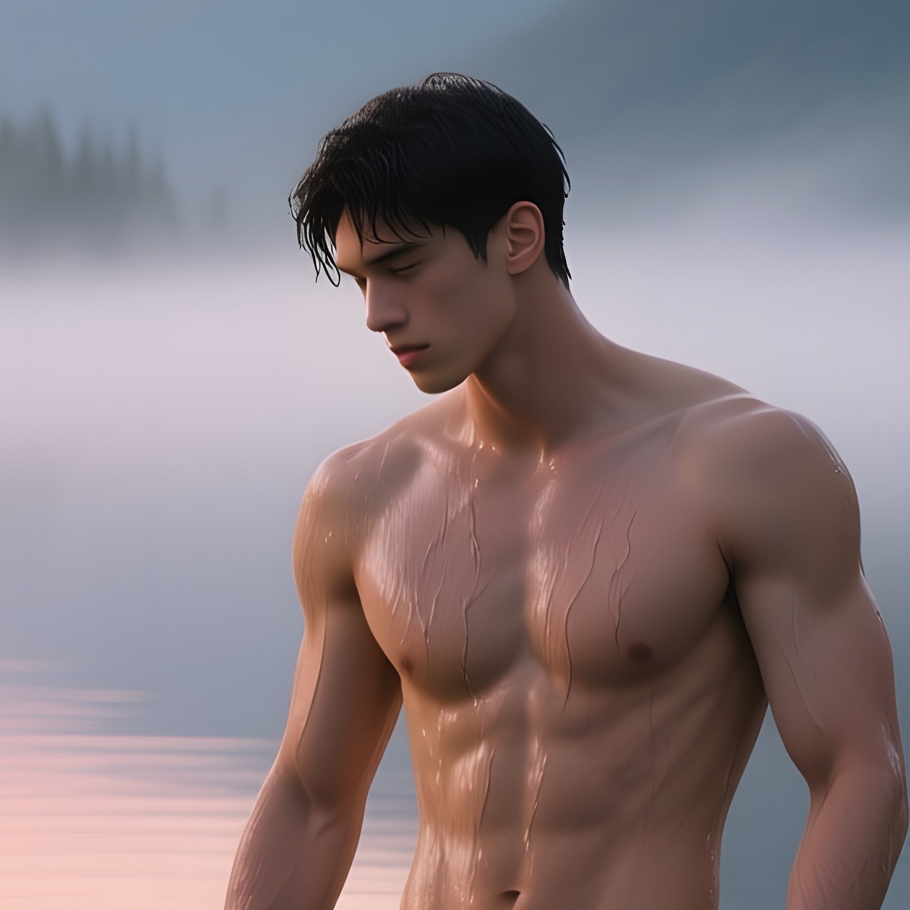 A Quiet Mountain Lake At Sunrise, A Male Model Wading Into The Calm Water, Mist Rising Off The - Full Resolution Quality Preview