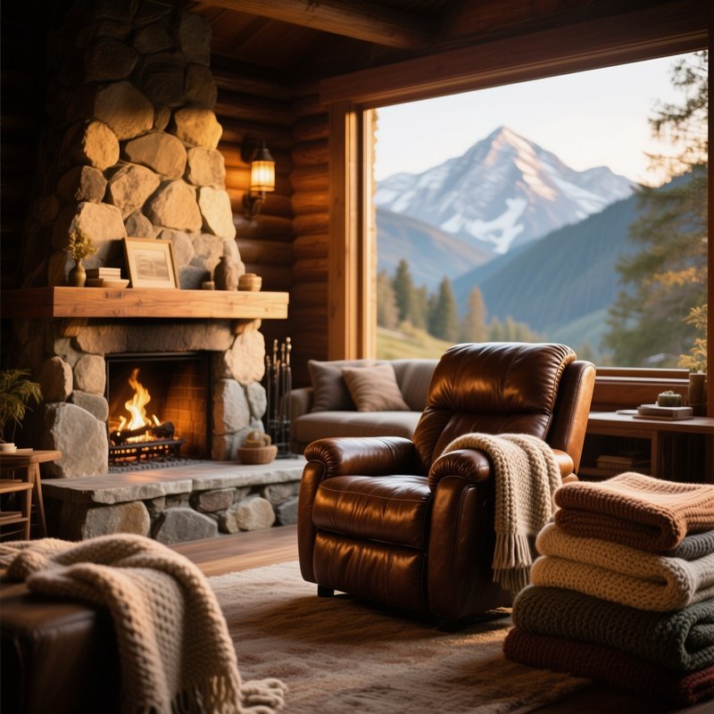 A Quiet Mountain Lodge Lounge, A Leather Recliner By A Stone Fireplace, Woolen Throws And Knitted