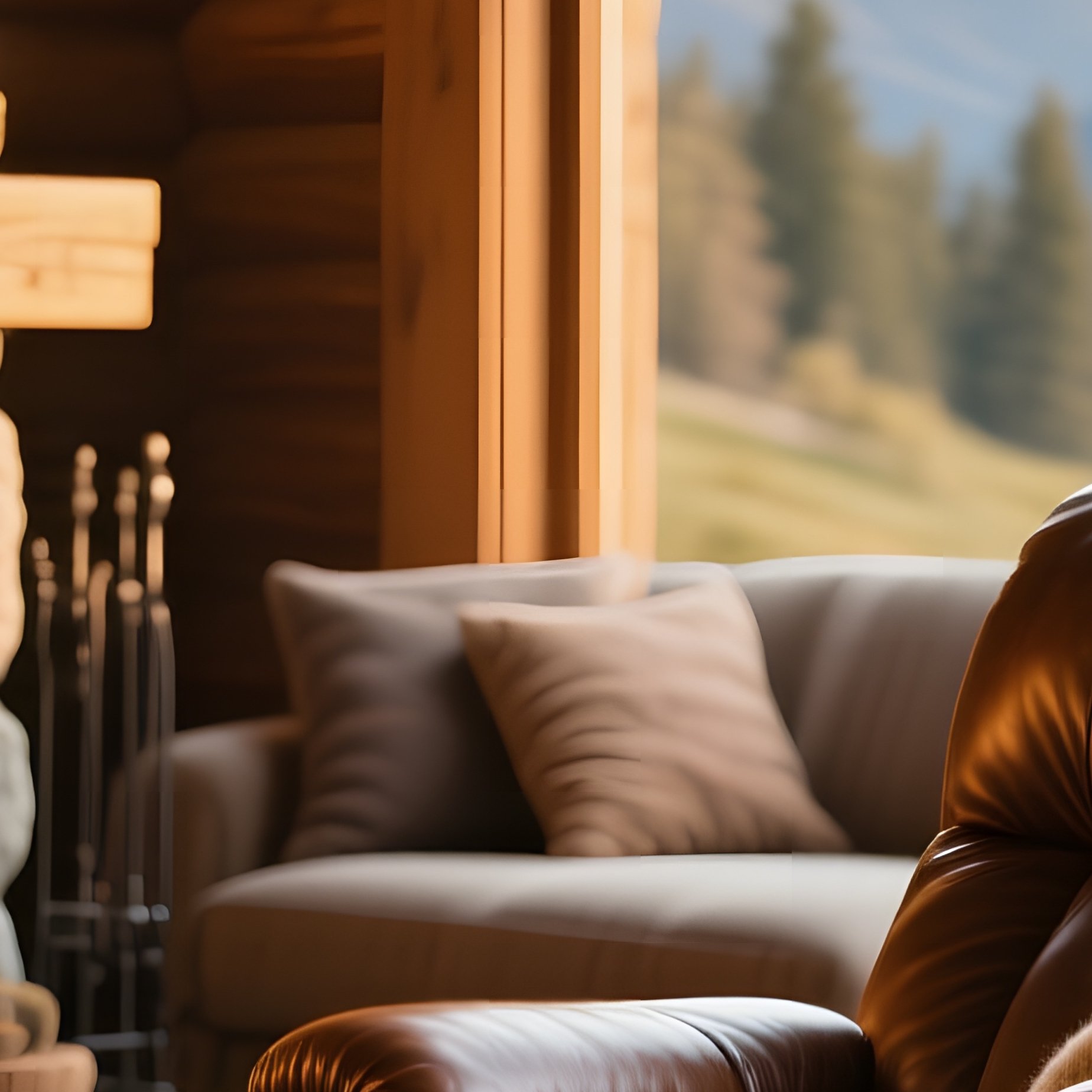 A Quiet Mountain Lodge Lounge, A Leather Recliner By A Stone Fireplace, Woolen Throws And Knitted - Full Resolution Quality Preview