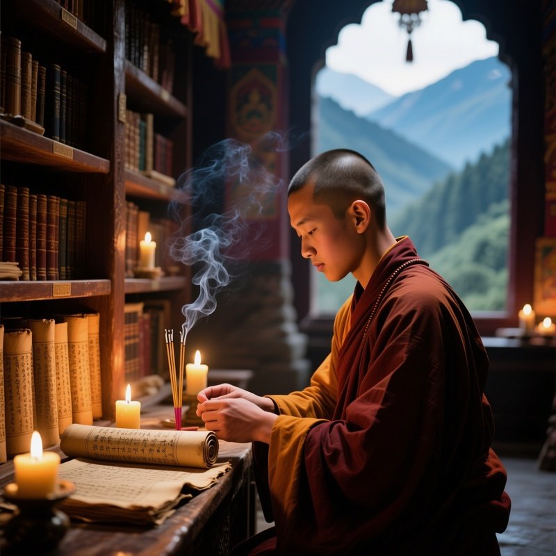 A Quiet Mountain Monastery Library With Candlelight; An Apprentice Monk Receives A Clean Buzz Cut