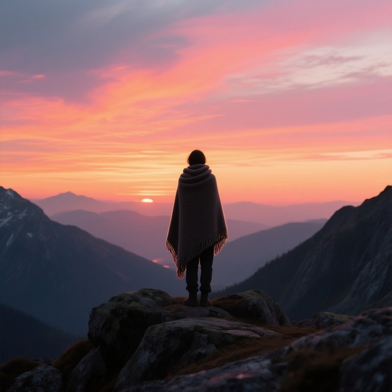 A Quiet Mountain Overlook At Sunset, Rugged Rocks Silhouetted Against A Sky Ablaze With Orange And