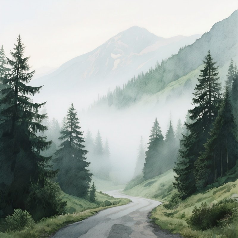 A Quiet Mountain Pass Shrouded In Early Morning Fog, Pine Trees Emerging Like Silhouettes,