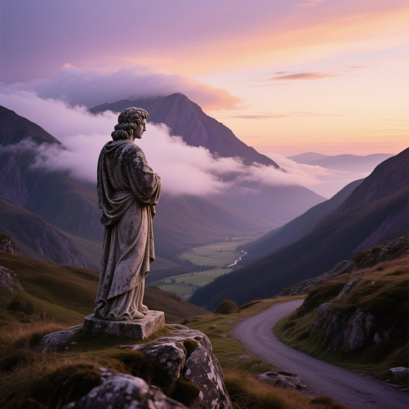 A Quiet Mountain Pass With A Lone Stone Statue Of A Shepherd Watching Over A Valley Clouds Rolling