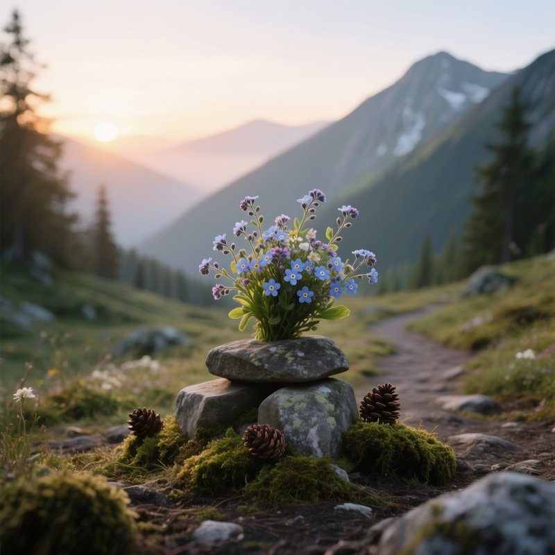 A Quiet Mountain Trail Clearing At Dawn, Where A Stone Cairn Supports A Modest Wildflower Bouquet