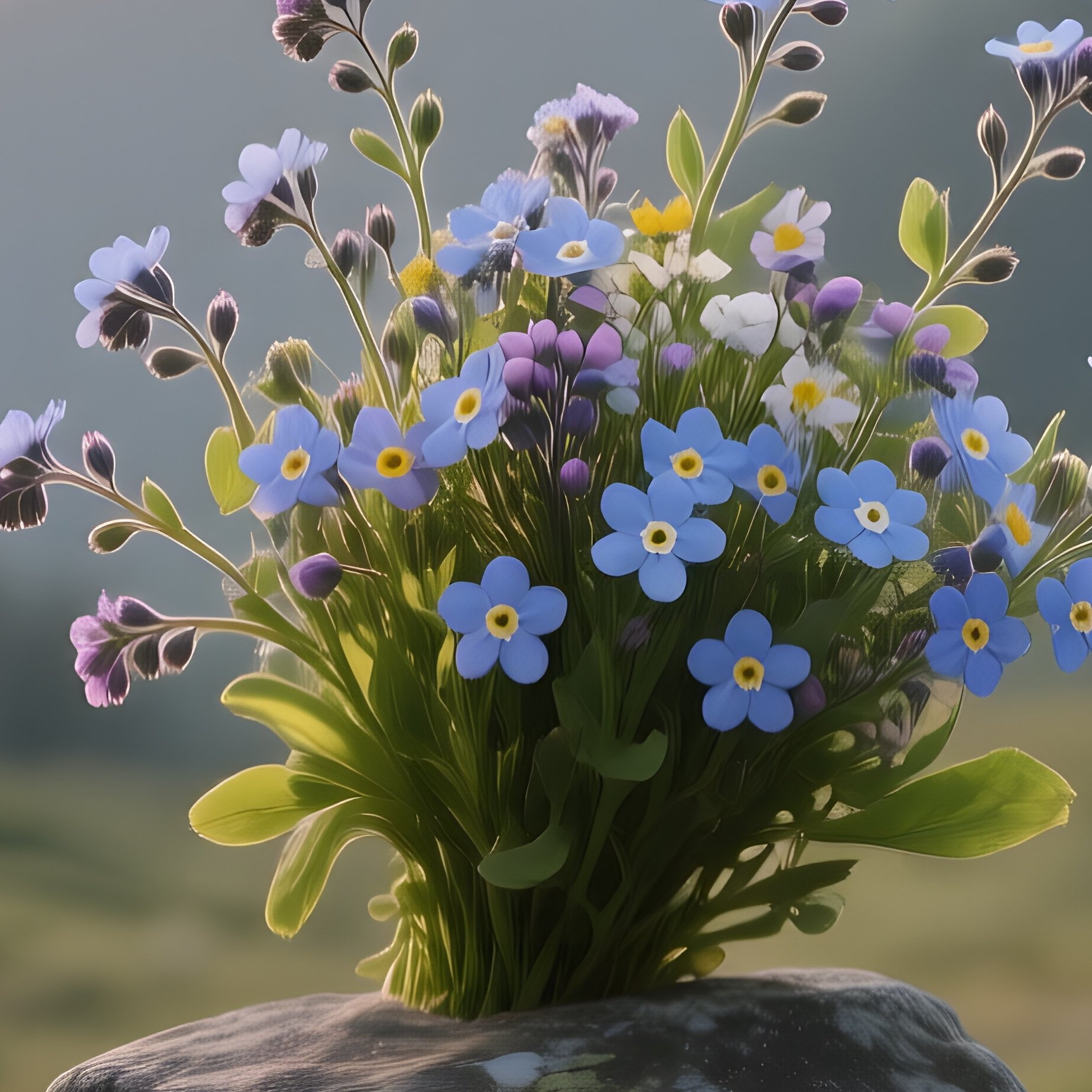 A Quiet Mountain Trail Clearing At Dawn, Where A Stone Cairn Supports A Modest Wildflower Bouquet - Full Resolution Quality Preview
