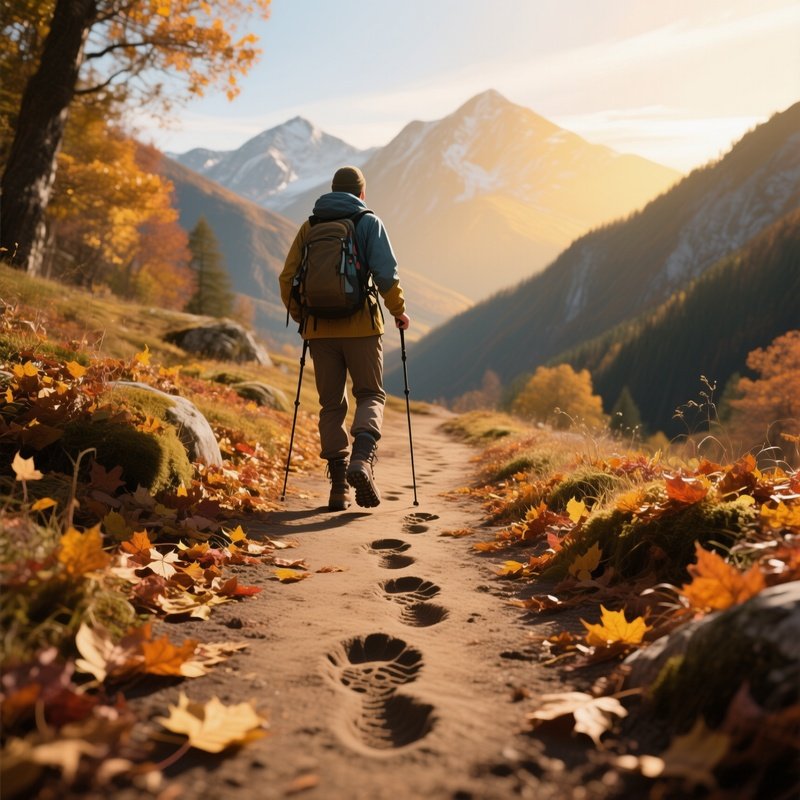 A Quiet Mountain Trail Covered In Autumn Leaves, Hikers' Boots Leaving Prints In The Soft Clay