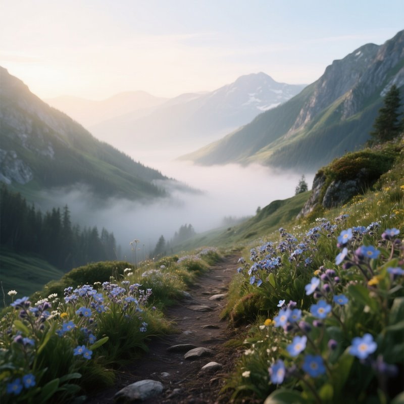 A Quiet Mountain Trail Lined With Alpine Forget‑Me‑Not Flowers, Mist Rising From Low Valleys, Early