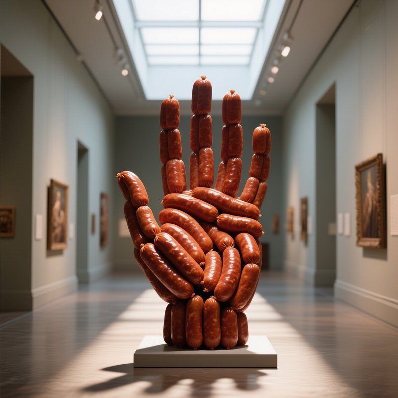 A Quiet Museum Hallway Lit By Natural Skylight, Where A Realistic Life Size Human Hand Sculpture Is