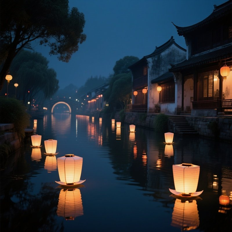A Quiet Night At A Chinese Riverbank, Paper Lanterns Floating Downstream, Reflections Dancing On